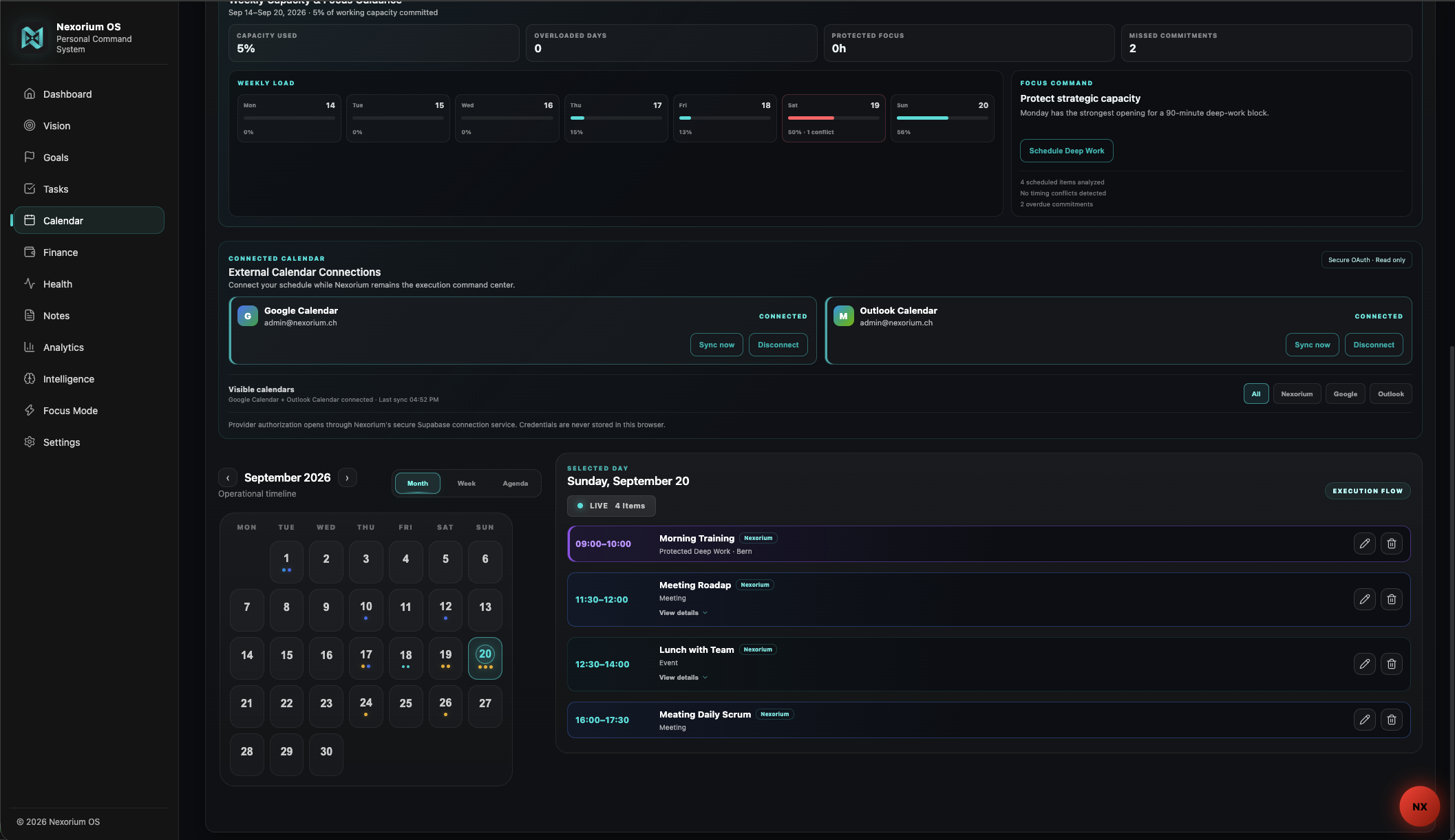 Nexorium calendar intelligence showing capacity, focus guidance, and connected calendars
