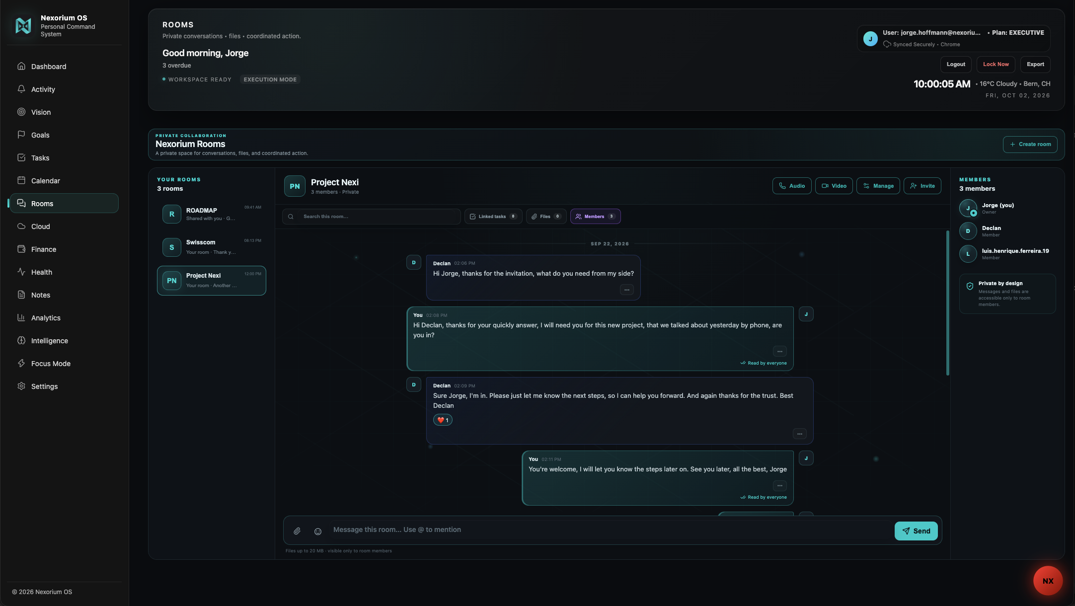 Nexorium Rooms with private collaboration and shared work
