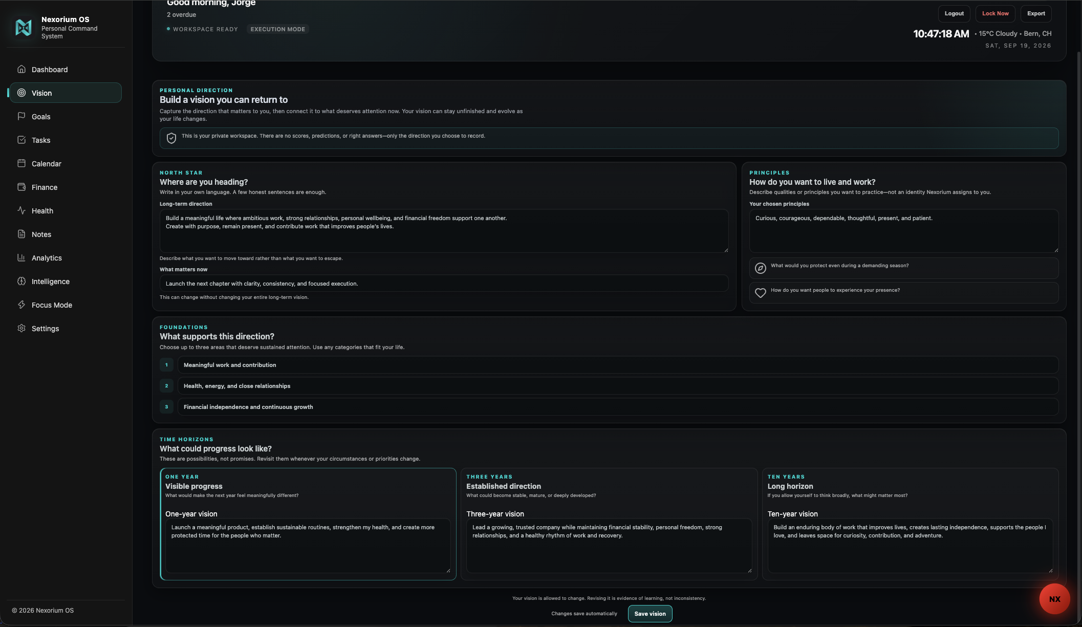 Nexorium vision workspace connecting principles with one, three, and ten-year direction